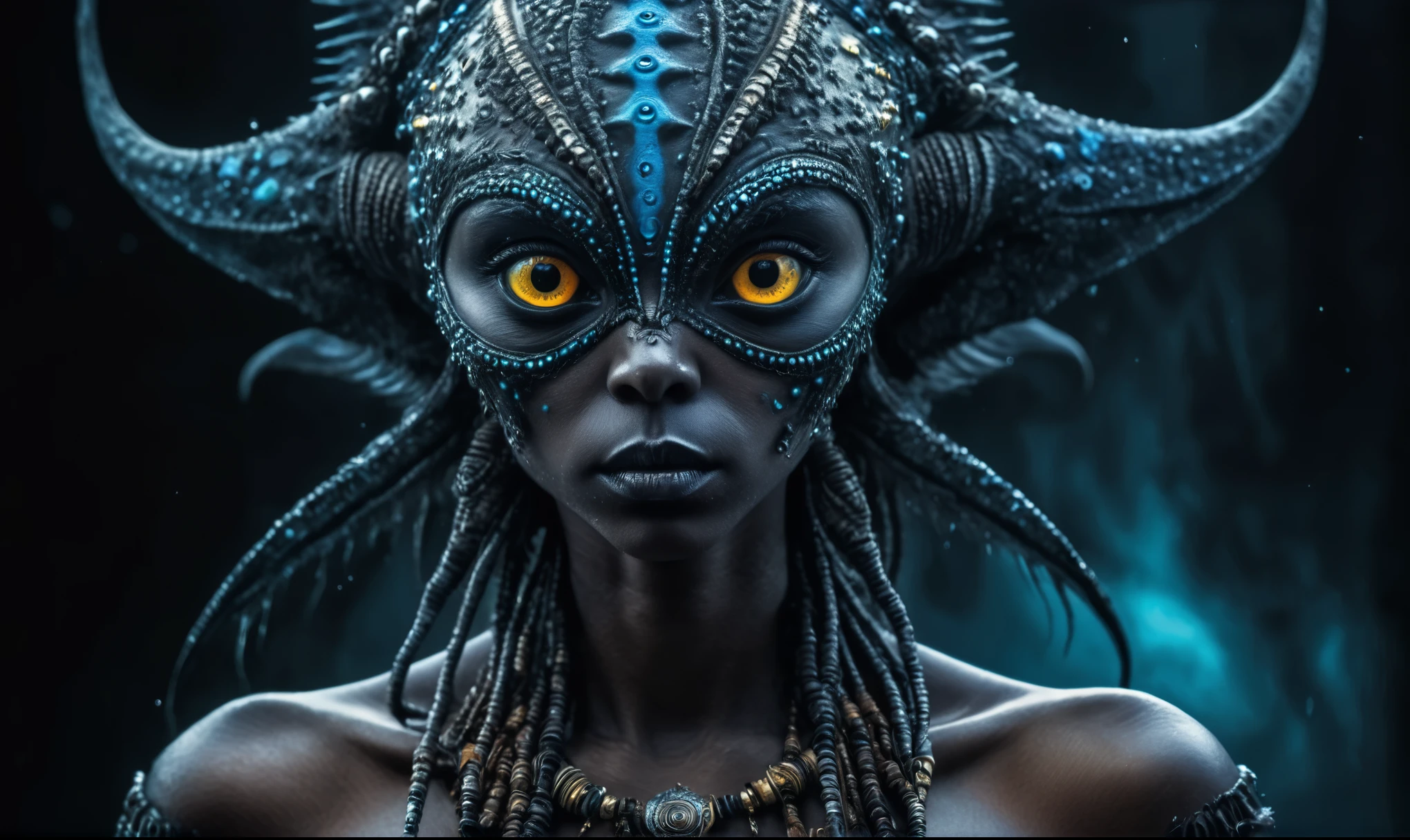 full body length shot,nerd graphite  Alien Entity,native africa slave ,nowadays azctec central city,Cinematic,soft colors, Technicolor,natural skin textures, hyper realism, hyper detailed,Extremely detailed,High contrast,Masterpiece,Realistic,Ultra Detailed, intricate details,realistic humid leather,extremely intricate details,Epic Realistic, cinematic style, irina yermolova,high contrast,hdr,extremely detailed, [deep night landscape],masterpiece, intricate details, eyes extremely detailed, high detailed eyes,8k resolution,retina, Nikon Z9,Korea,orc,Egypt, Pisces, transition between two art styles, Double contact, X-ray, Creative, vivid light, fantasy, Abstract, Surrealism, super detailed, high resolution,insanity wear,skin  almost translucent,  symbols of mourning and gothic elements, further emphasizing its dark air,Mestichino,Light particles,chaos,starfish's leather,Raja Ampat of Indonesia
