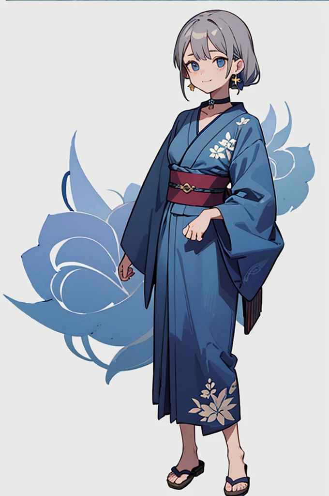 Blue Yukata、Gray Hair、Mischievous face、Choker on neck、Big earrings、Arms crossed、Only the mouth is smiling、Straw sandals、Choker on right leg(whole body、Are standing、、White background)
