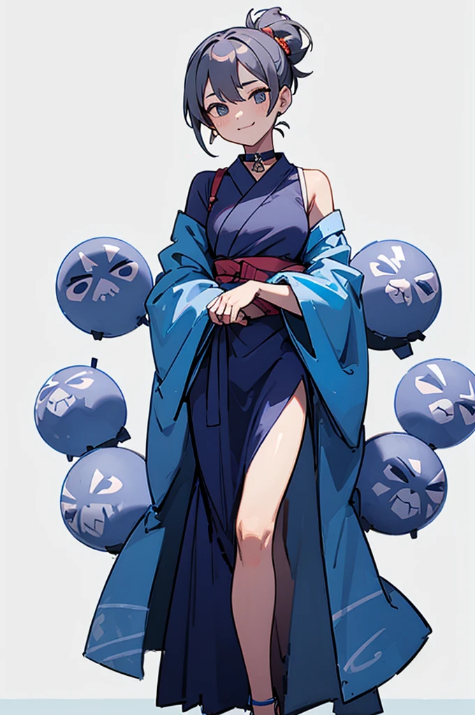 Blue Yukata、Gray Hair、Mischievous face、Choker on neck、Big earrings、Arms crossed、Only the mouth is smiling、Straw sandals、Choker on right leg(whole body、Are standing、、White background)