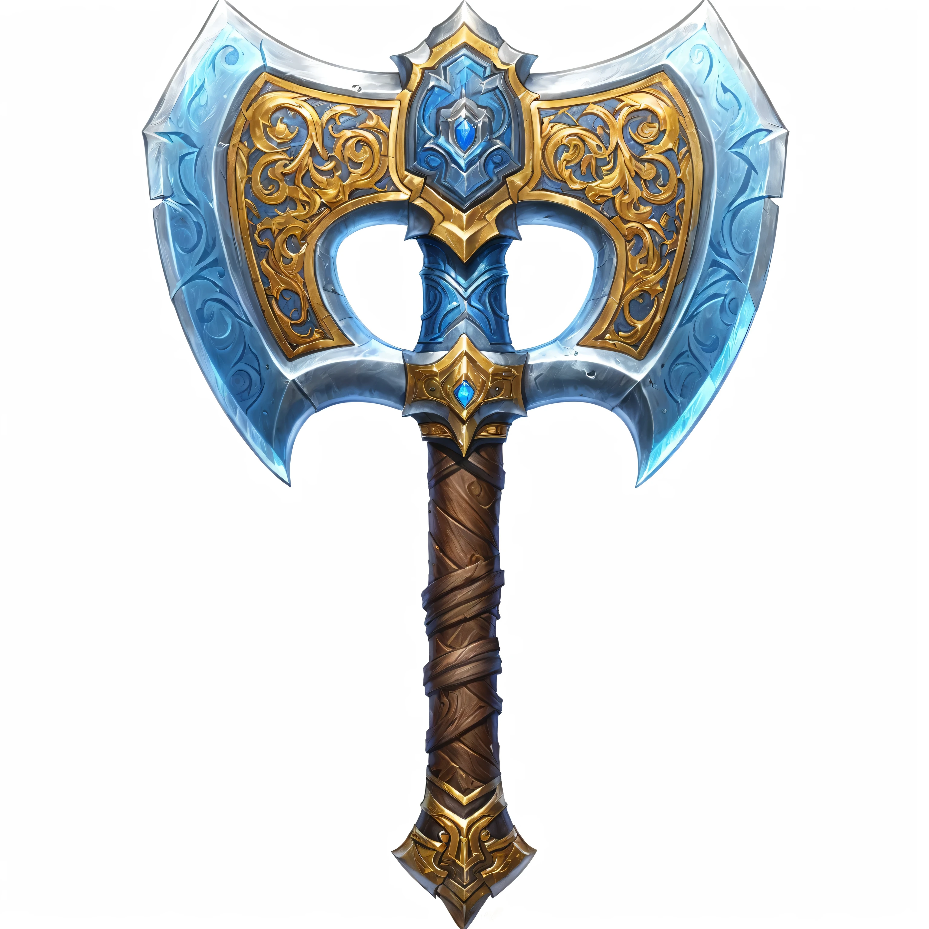 Close up of a large metal axe with gold and blue patterns, Fantasy RPG Weapon Art, Fantasy weapons, Tomahawk, Mjolnir, epic Fantasy weapons art, Hearthstone Weapon Art, Role Playing Game Items, Tomahawk, Dwarven weapons, fantasy warrior sword, Hammer Weapon, World of Warcraft Blizzard Weapon Art, Axe element, Role Playing Game Items