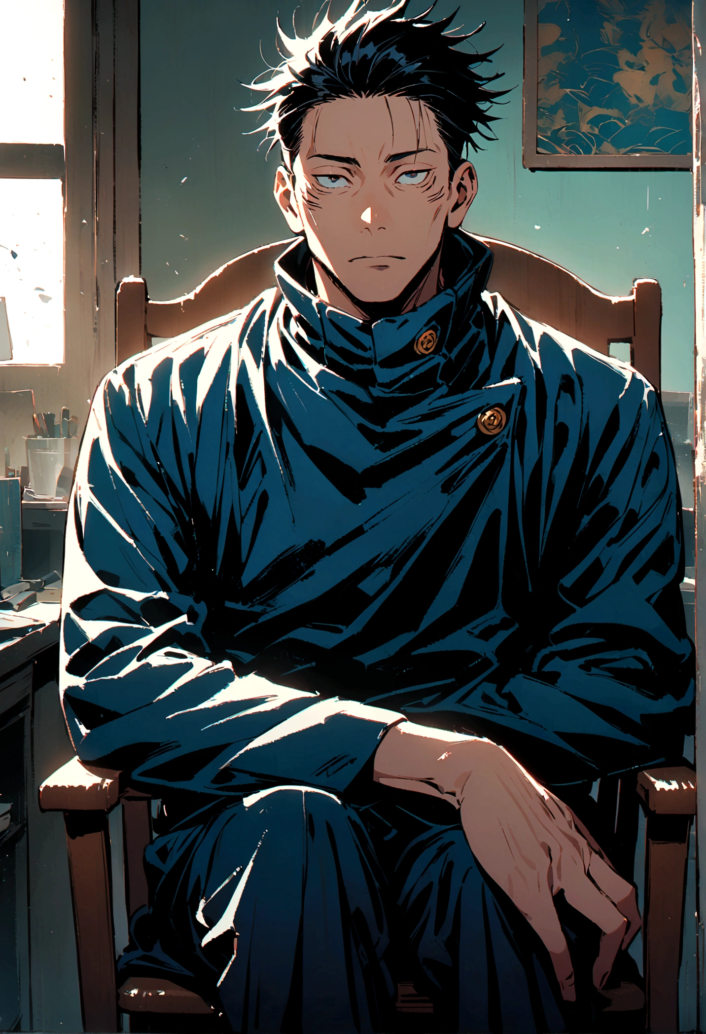 (1 guy,jujutsu kaisen), older looking man, flat black hair, sitting in a chair and infront of a desk, facing viewer, artwork