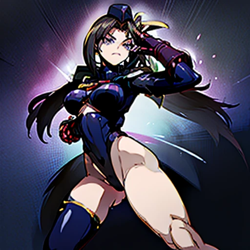 Super detailed, explicit, Beautiful body, Beautiful Nose, Beautiful character design, Perfect Eyes, Perfect Face, Ultra-high resolution, 4K, Beautiful feet, Perfect Legs, Nice hands, Perfect hands, masterpiece, Highest quality, Very detailed, figure, absurdes, Perfect Anatomy, Street Fighter, Doll Suit, Shadaloo Doll, Doll Suit, Expressionless, Hollow Eyes, View your viewers, Red gloves, emotionless, black latex, corruption, Mind control, Female Fighter, whole body, I was under the influence of hypnosis., Unfortunate trance, whole body suit, ribbed bodysuit, Arms at your sides, follow, Perfect female body, extremely glossy latex, Hypnosis, Hypno Lola, Hollow Eyes, Mind control device, tracings, obedient_tracing, slave, Stand up straight, Are standing, Are standing at attention, Have, tie, belt, latex, ribbed bodysuit, Knee socks, garter belt, Combat Stance, Extend your right arm from your shoulder、Stretch your hands out into the air, army, Thigh-high boots, One girl, hair ornaments, Black Hair, Long Hair, blue eyes, (((Pixel Perfect, Perfect in every detail))), alone, One girl, naga the serpent, 