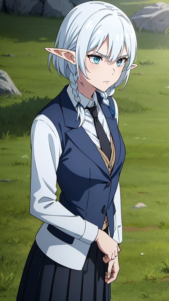 1girl ,solo,20s,mature female,serious face,short hair,elf ears,(grass),shirt,black standard tie,blue blazer,long sleeves, black pleated skirt,(upper body),frosty white Skin , Icy white hair ,Glacial blue eyes,TwinSideBraids