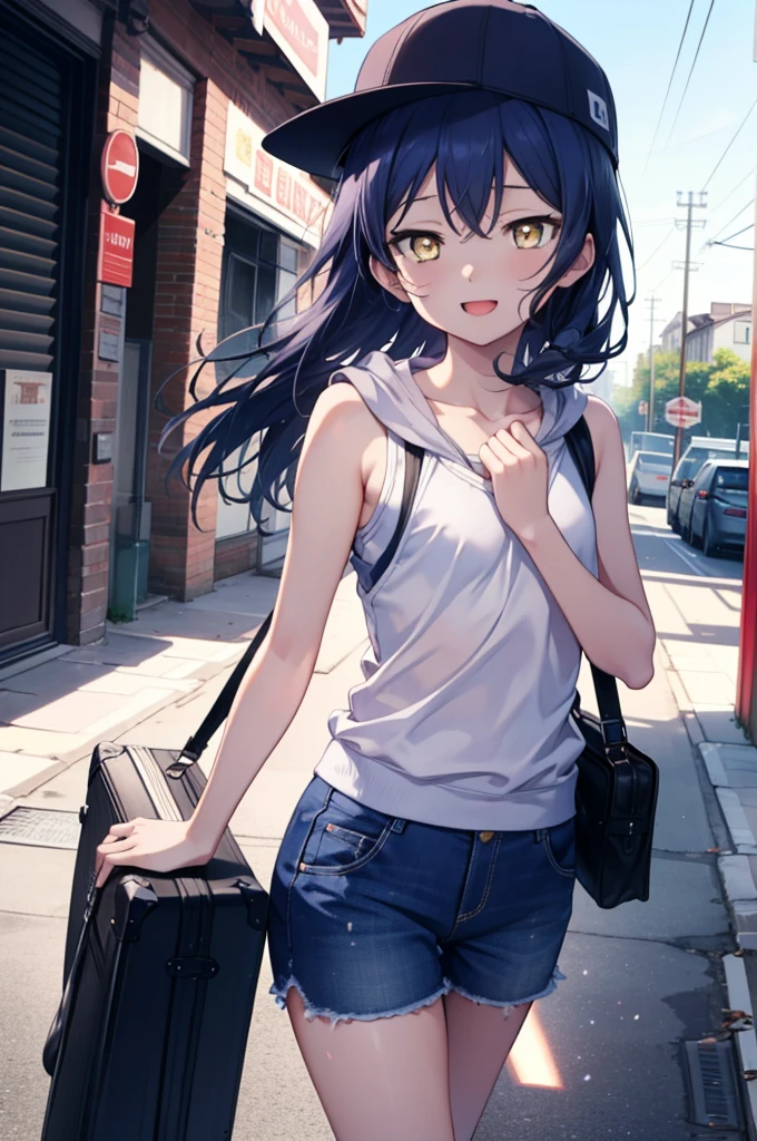  Umi Sonoda, Long Hair, Blue Hair, (Yellow Eyes:1.5) (Flat Chest:1.2),happy smile, smile, Open your mouth,Baseball hats,Sleeveless blue hoodie,Open front,White Tank Top,Shorts,Sandals,Push-type suitcase,Walking,Daytime,whole bodyがイラストに入るように,
break looking at viewer,whole body,
break indoors, countryside,In town,
break (masterpiece:1.2), Highest quality, High resolution, unity 8k wallpaper, (figure:0.8), (Beautiful attention to detail:1.6), Highly detailed face, Perfect lighting, Highly detailed CG, (Perfect hands, Perfect Anatomy),