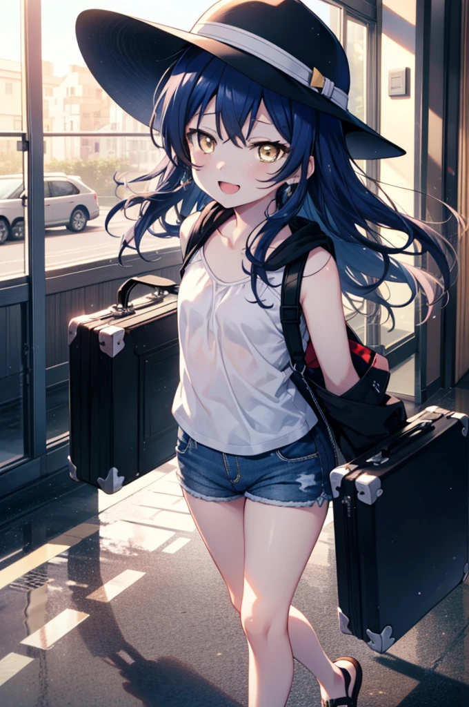 Umi Sonoda, Long Hair, Blue Hair, (Yellow Eyes:1.5) (Flat Chest:1.2),happy smile, smile, Open your mouth,Baseball hats,Sleeveless blue hoodie,Open front,White Tank Top,Shorts,Sandals,Push-type suitcase,Walking,Daytime,whole bodyがイラストに入るように,
break looking at viewer,whole body,
break indoors, countryside,In town,
break (masterpiece:1.2), Highest quality, High resolution, unity 8k wallpaper, (figure:0.8), (Beautiful attention to detail:1.6), Highly detailed face, Perfect lighting, Highly detailed CG, (Perfect hands, Perfect Anatomy),