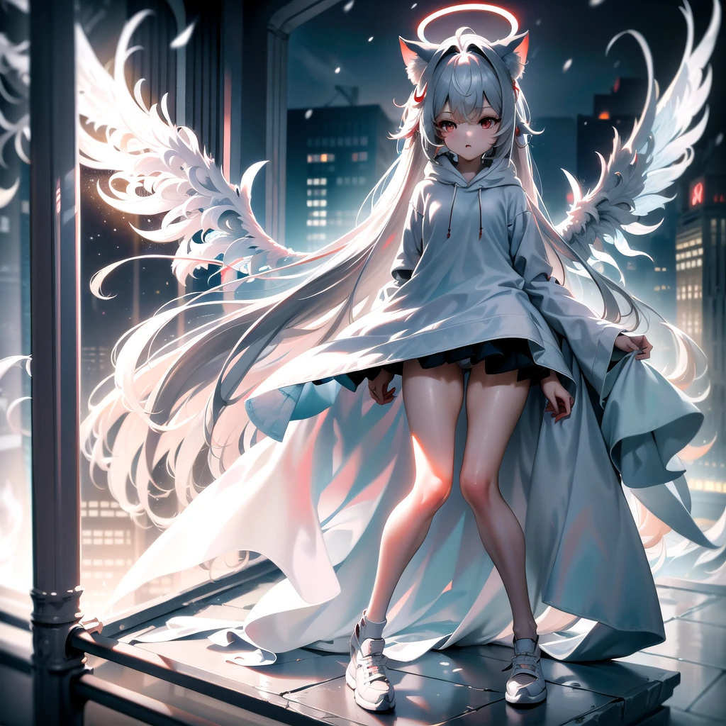 masterpiece, highest quality, highest resolution, clear_image, detailed details, White hair, long hair, cat ears, 1 girl, red eyes, white hoodie, gray futuristic halo (gray halo over the head), white wings (6 wings), cute, full body, no water marks, snow, city