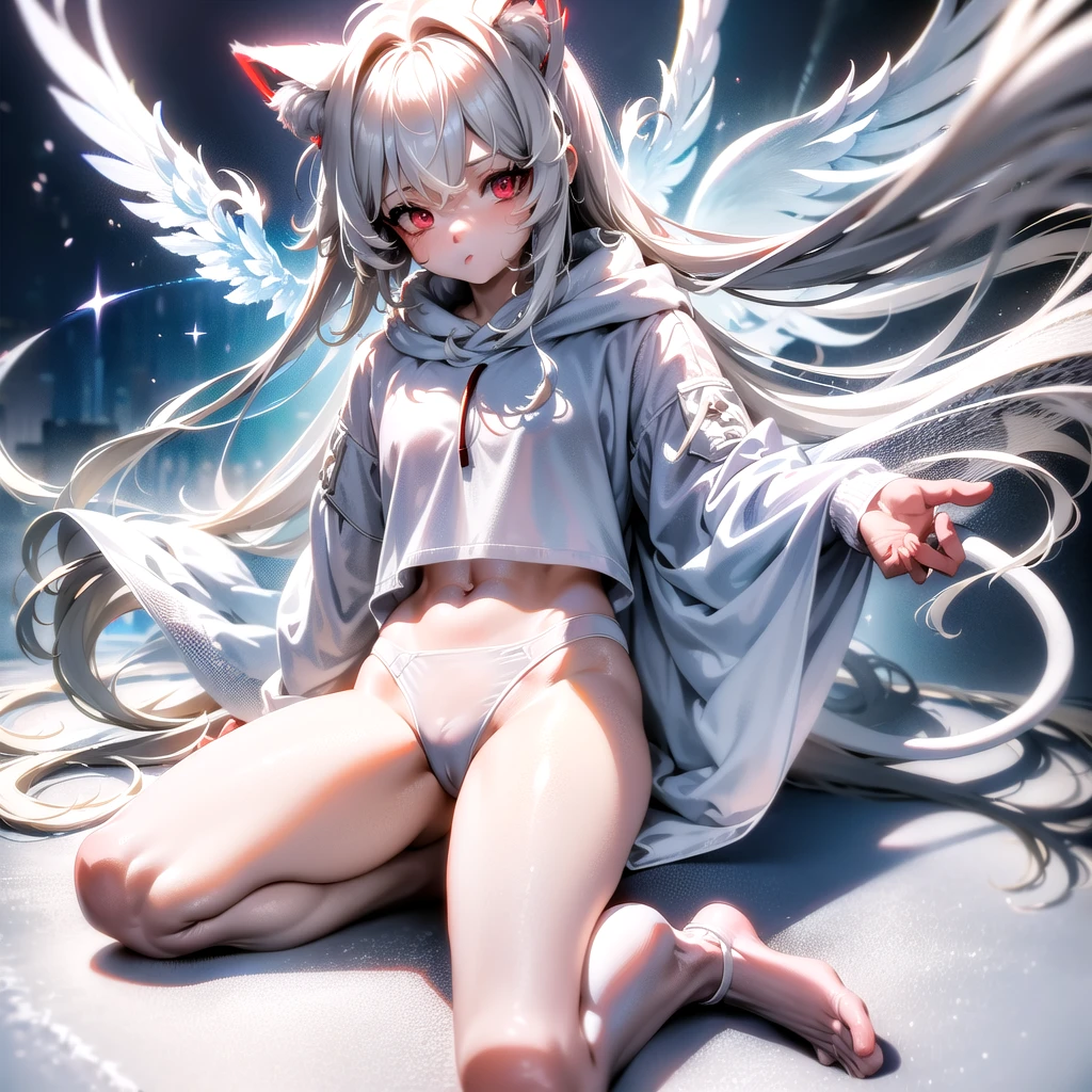 masterpiece, highest quality, highest resolution, clear_image, detailed details, White hair, long hair, cat ears, 1 girl, red eyes, white hoodie, gray futuristic halo (gray halo over the head), white wings (6 wings), cute, full body, no water marks, snow, city