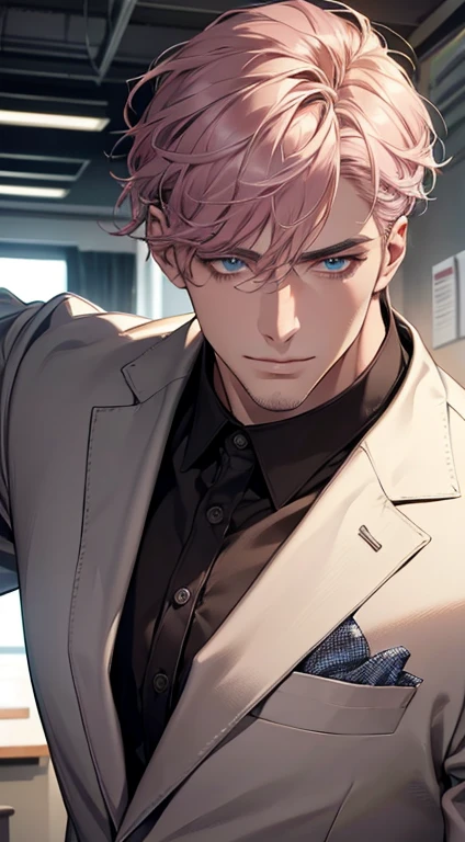 (best quality,4k,8k,highres,masterpiece:1.2),ultra-detailed,(realistic,photorealistic,photo-realistic:1.37),1 man,31 years old,mature man,very handsome,without expression,smile,short grey pink hair,blue eyes,penetrating gaze,perfect face without errors,imposing posture,businessman,office background,cinematic lighting,hdr image