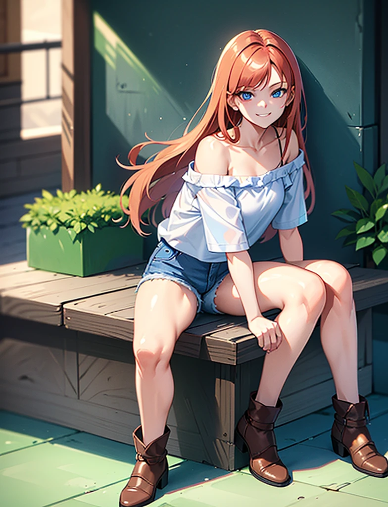 young girl of 15 years, long haired redhead with blue eyes, Short white off-the-shoulder shirt, bright blue short jean shorts, serious look, sitting, SMILE, smiling, short brown boots with white