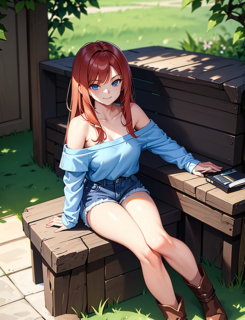 young girl of 15 years, long haired redhead with blue eyes, Short white off-the-shoulder shirt, bright blue short jean shorts, serious look, sitting, SMILE, smiling, short brown boots with white