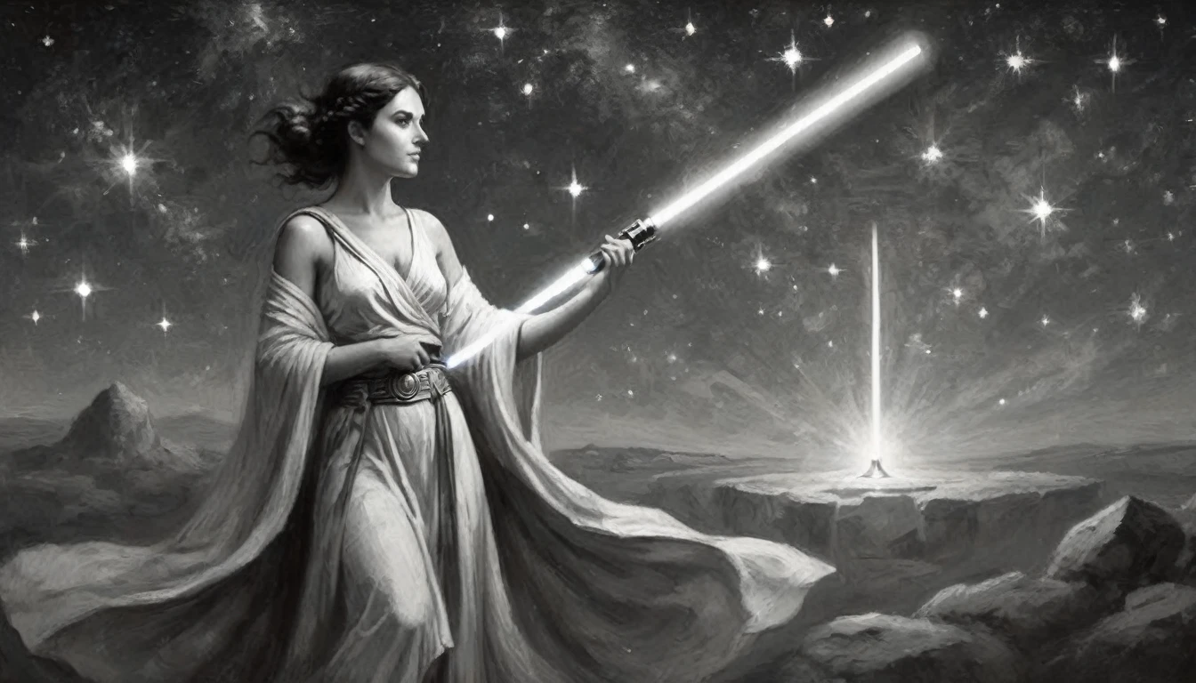 black and white, illustration antique book vault sketch, single beauty woman brunette, curvy body, female allegory goddess greek, tiny dress toga, using one jedi lightsaber in hand, full view standing from head to toes, dark background stars in space