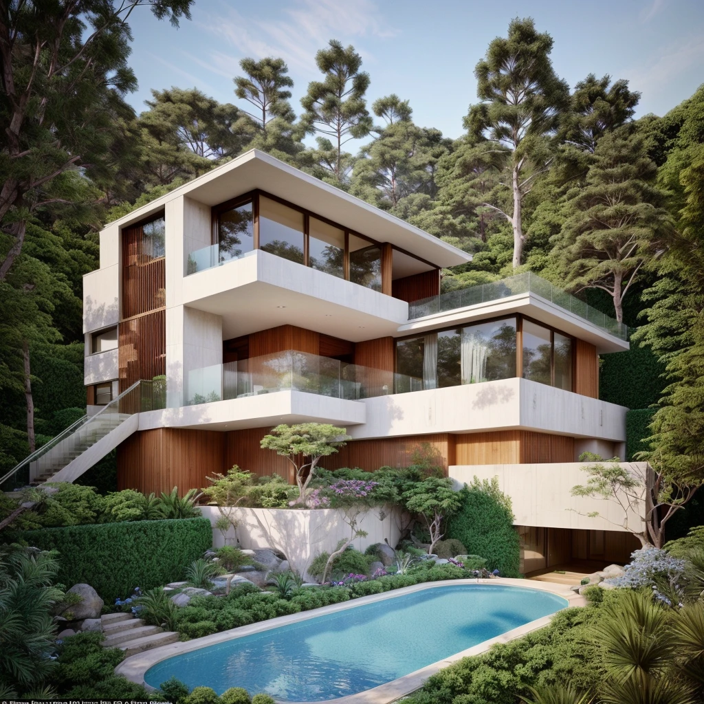 THE 70s MODERN HOUSE is located on the upper hill, white concrete, glass windows, curtain wall, ((a small swimming pool under the house)), ((a big front yard)), outside stairs, rocks, pine forest
