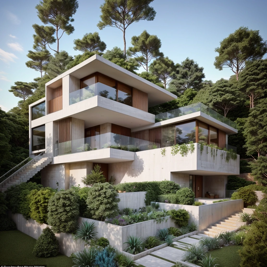 THE 70s MODERN HOUSE is located on the upper hill, white concrete, glass windows, curtain wall, ((a small swimming pool under the house)), ((a big front yard)), outside stairs, rocks, pine forest