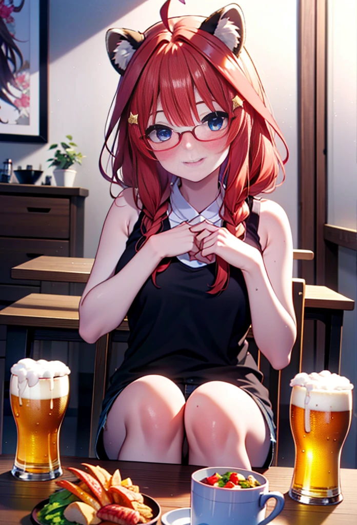 Satsuki Nakano, itsuki nakano, bangs, blue eyes, Hair between the eyes, Ahoge, Redhead, Long braids,Red-rimmed glasses,star \(symbol\), hair ornaments, smile,blush,star hair ornaments,Animal ears　 Raccoon Ears,raccoon tail,happy smile, smile, Open your mouth,blush,Drunk,White Hat,Red Tank Top,Shorts,Sandals,Beer and food on the table,Sitting in a chair,whole bodyがイラストに入るように,night,
break indoors, Izakaya,
break looking at viewer, whole body,
break (masterpiece:1.2), Highest quality, High resolution, unity 8k wallpaper, (figure:0.8), (Beautiful attention to detail:1.6), Highly detailed face, Perfect lighting, Highly detailed CG, (Perfect hands, Perfect Anatomy),