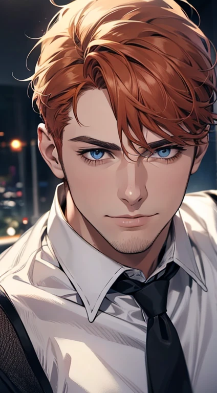 (best quality,4k,8k,highres,masterpiece:1.2),ultra-detailed,(realistic,photorealistic,photo-realistic:1.37),1 man,31 years old,mature man,very handsome,without expression,smile,short grey orange hair,blue eyes,penetrating gaze,perfect face without errors,imposing posture,businessman,office background,cinematic lighting,hdr image