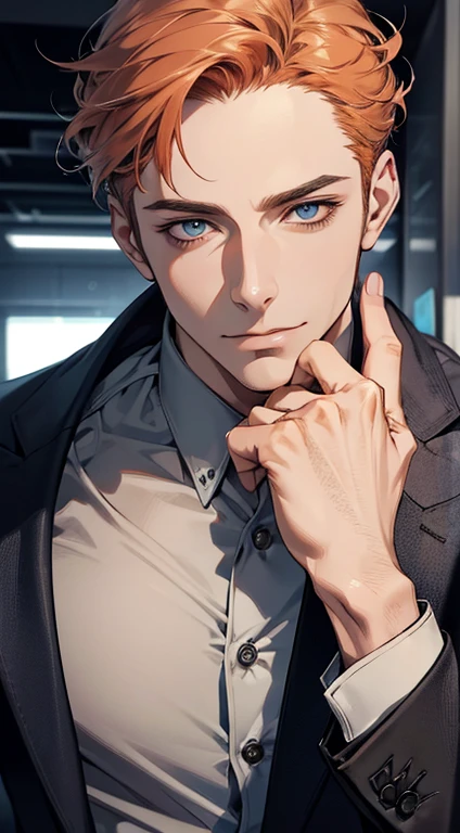 (best quality,4k,8k,highres,masterpiece:1.2),ultra-detailed,(realistic,photorealistic,photo-realistic:1.37),1 man,31 years old,mature man,very handsome,without expression,smile,short grey orange hair,blue eyes,penetrating gaze,perfect face without errors,imposing posture,businessman,office background,cinematic lighting,hdr image