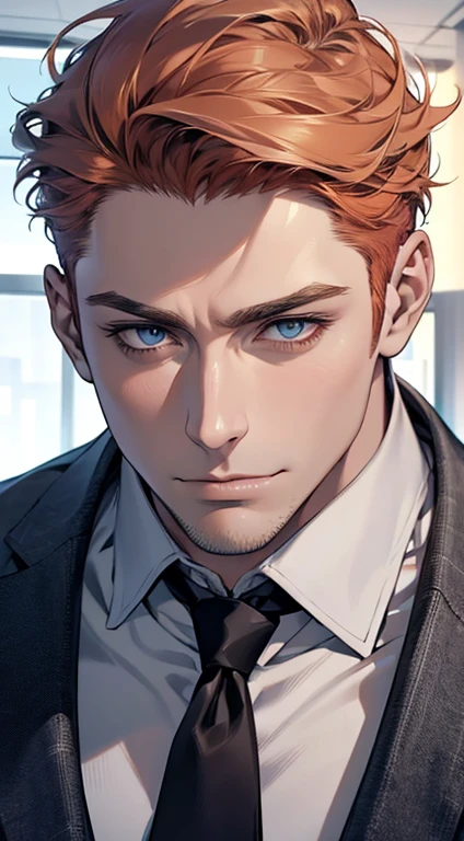 (best quality,4k,8k,highres,masterpiece:1.2),ultra-detailed,(realistic,photorealistic,photo-realistic:1.37),1 man,31 years old,mature man,very handsome,without expression,smile,short grey orange hair,blue eyes,penetrating gaze,perfect face without errors,imposing posture,businessman,office background,cinematic lighting,hdr image