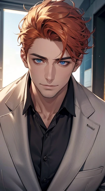 (best quality,4k,8k,highres,masterpiece:1.2),ultra-detailed,(realistic,photorealistic,photo-realistic:1.37),1 man,31 years old,mature man,very handsome,without expression,smile,short grey orange hair,blue eyes,penetrating gaze,perfect face without errors,imposing posture,businessman,office background,cinematic lighting,hdr image
