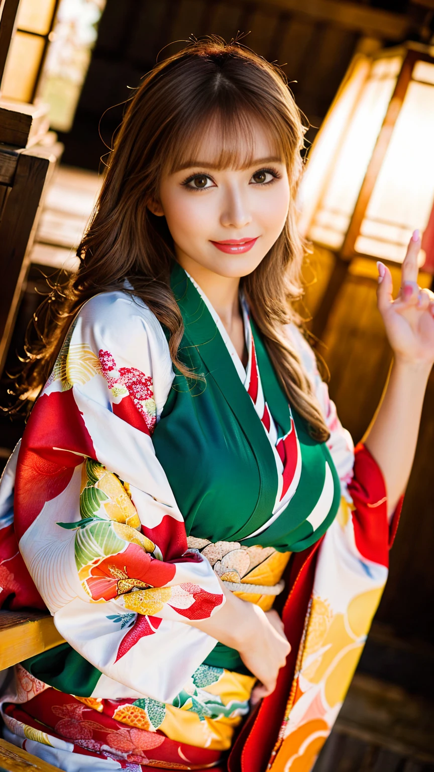 (Surreal), (High resolution), (8K), (Very detailed), (Best illustrations), (Beautifully detailed and sparkling eyes), (Highest quality), (Very detailedな), (masterpiece), (wallpaper), (Detailed face), (Beautiful smile)、(Beautiful expression)、alone、Sexy pose、(((Big Breasts)))、Sculpture model、Sexy looks that seduce men、Looking into the camera、(((Blonde)))、((Glamorous Body))、(((Kyoto、kimono)))