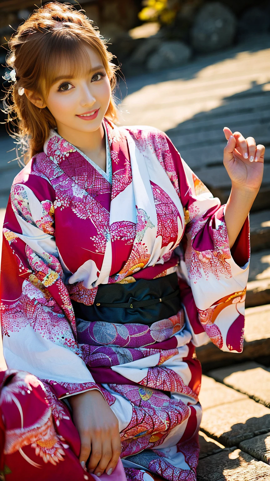 (Surreal), (High resolution), (8K), (Very detailed), (Best illustrations), (Beautifully detailed and sparkling eyes), (Highest quality), (Very detailedな), (masterpiece), (wallpaper), (Detailed face), (Beautiful smile)、(Beautiful expression)、alone、Sexy pose、(((Big Breasts)))、Sculpture model、Sexy looks that seduce men、Looking into the camera、(((Blonde)))、((Glamorous Body))、(((Kyoto、kimono)))