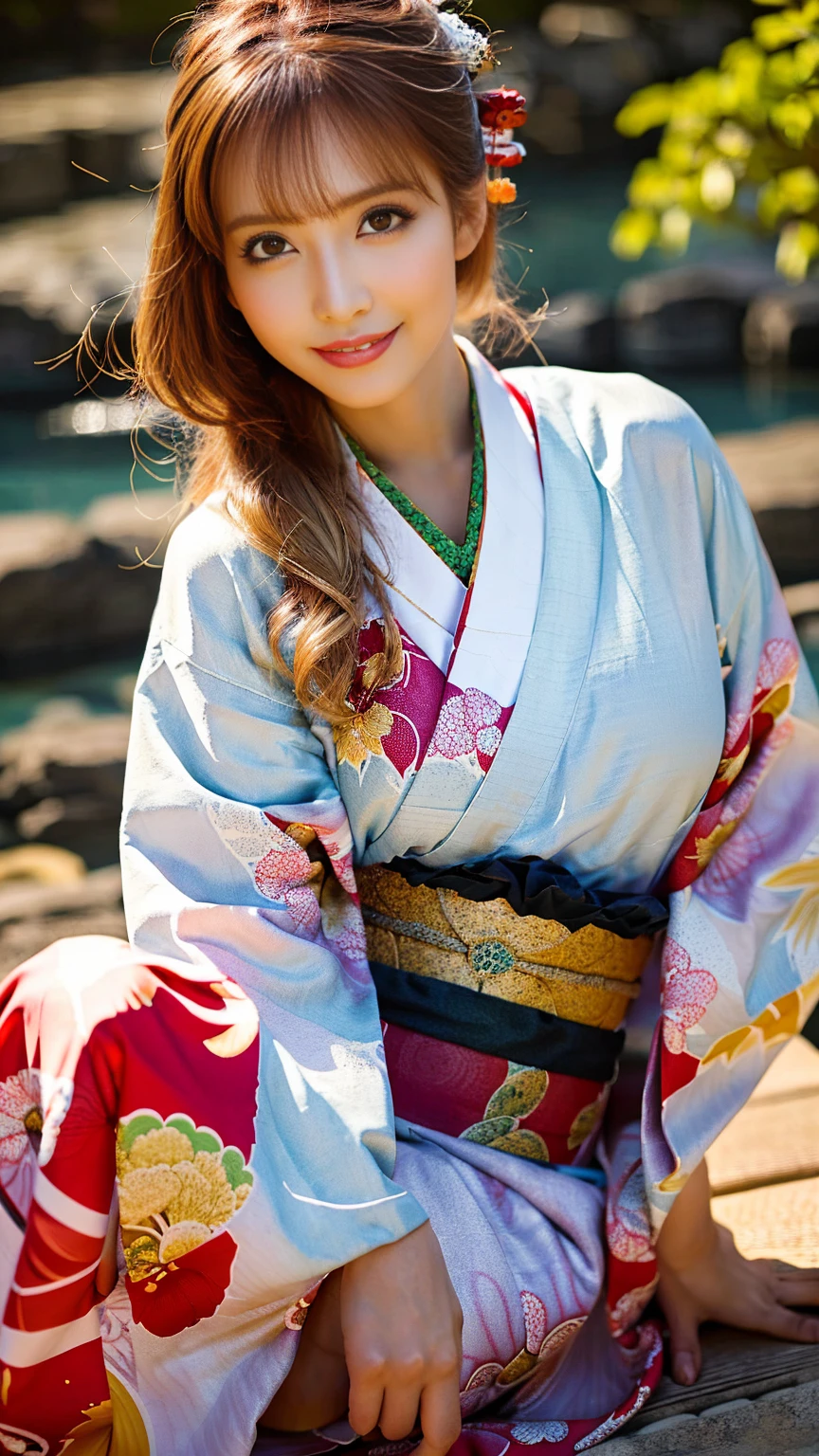 (Surreal), (High resolution), (8K), (Very detailed), (Best illustrations), (Beautifully detailed and sparkling eyes), (Highest quality), (Very detailedな), (masterpiece), (wallpaper), (Detailed face), (Beautiful smile)、(Beautiful expression)、alone、Sexy pose、(((Big Breasts)))、Sculpture model、Sexy looks that seduce men、Looking into the camera、(((Blonde)))、((Glamorous Body))、(((Kyoto、kimono)))