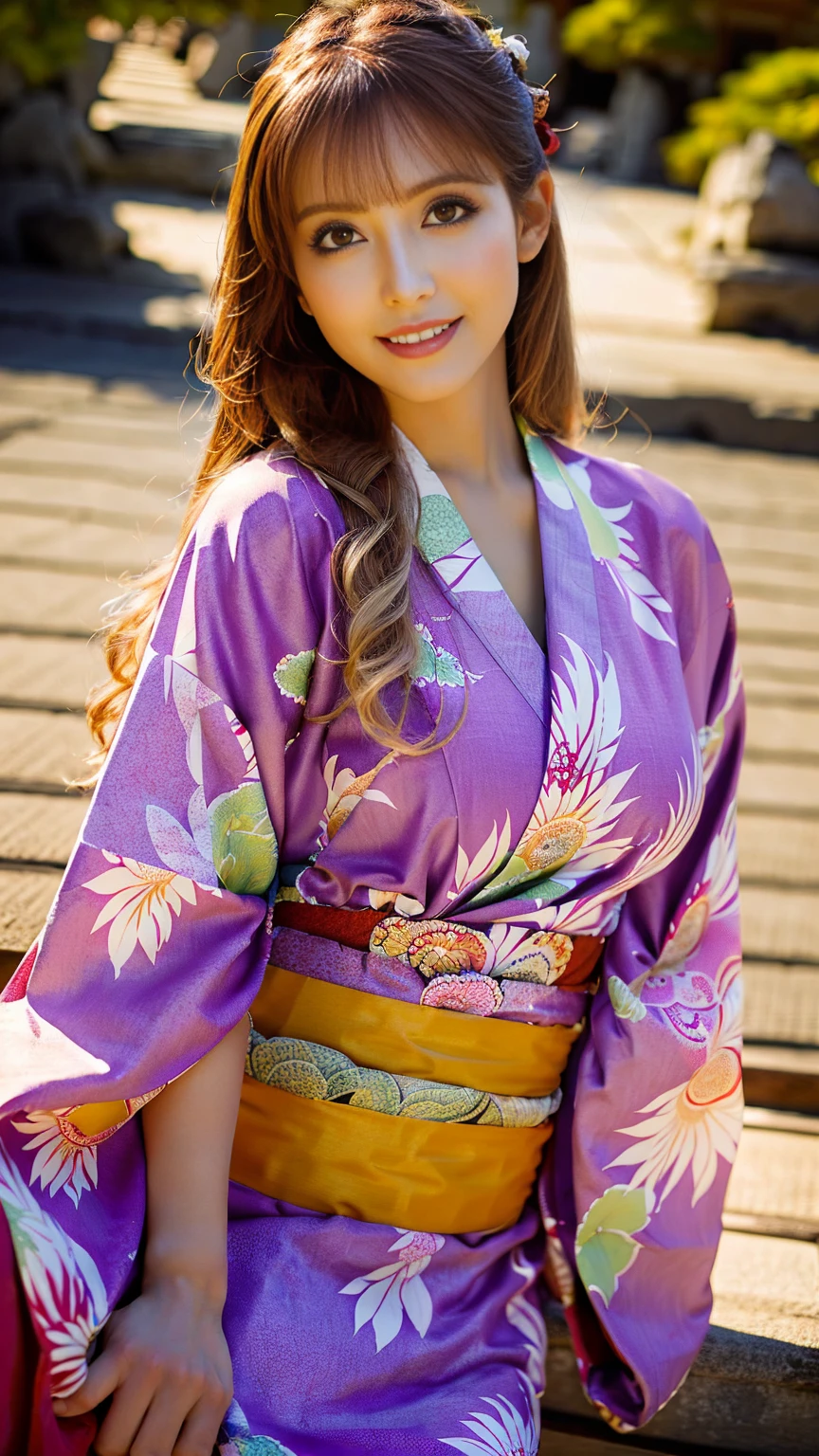 (Surreal), (High resolution), (8K), (Very detailed), (Best illustrations), (Beautifully detailed and sparkling eyes), (Highest quality), (Very detailedな), (masterpiece), (wallpaper), (Detailed face), (Beautiful smile)、(Beautiful expression)、alone、Sexy pose、(((Big Breasts)))、Sculpture model、Sexy looks that seduce men、Looking into the camera、(((Blonde)))、((Glamorous Body))、(((Kyoto、kimono)))