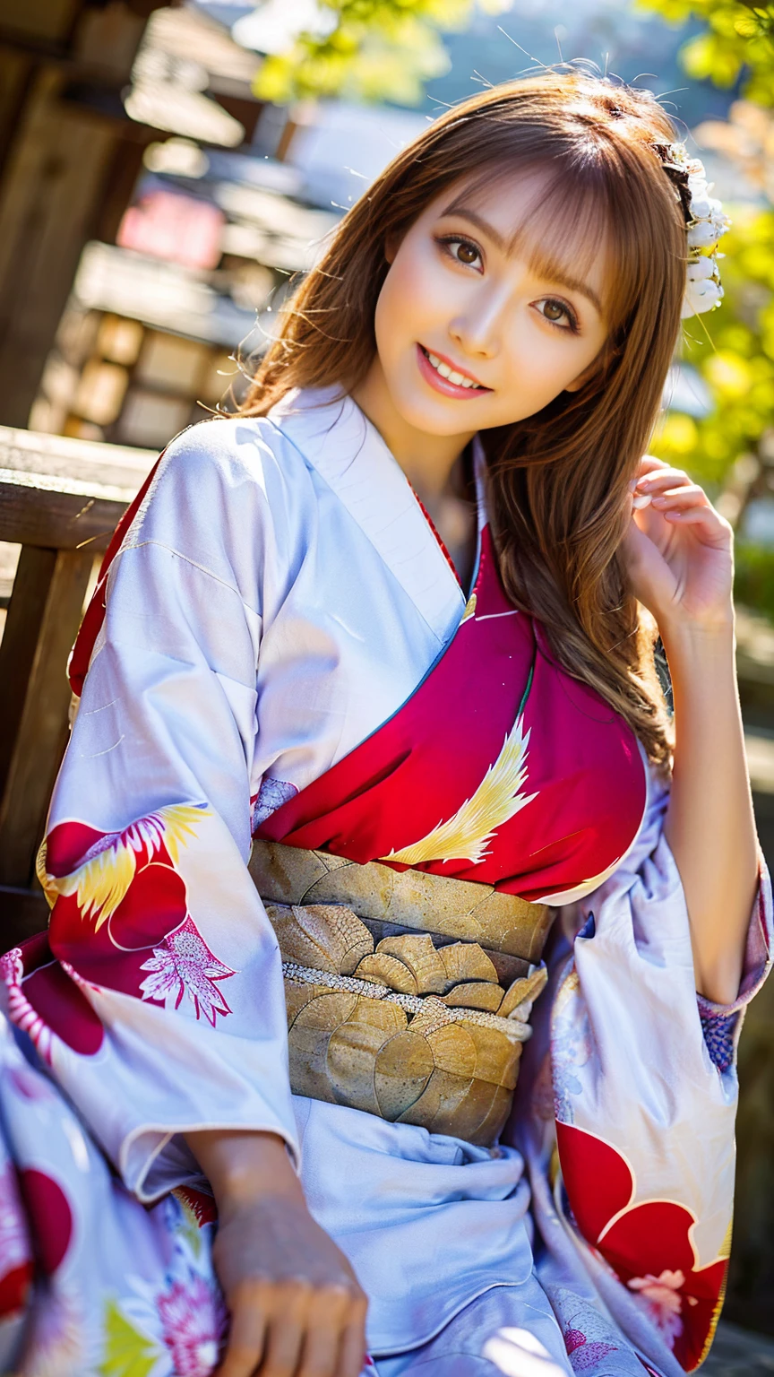 (Surreal), (High resolution), (8K), (Very detailed), (Best illustrations), (Beautifully detailed and sparkling eyes), (Highest quality), (Very detailedな), (masterpiece), (wallpaper), (Detailed face), (Beautiful smile)、(Beautiful expression)、alone、Sexy pose、(((Big Breasts)))、Sculpture model、Sexy looks that seduce men、Looking into the camera、(((Blonde)))、((Glamorous Body))、(((Kyoto、kimono)))
