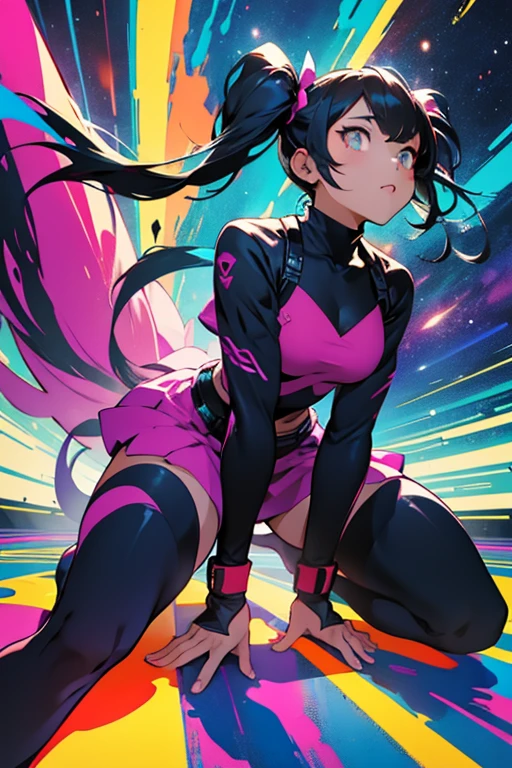 Partner、Twin tailonster、Twin tails,whole body、Dynamic composition、Vibrant colors, Bold brushstrokes, High contrast shadows. In the foreground, universe、