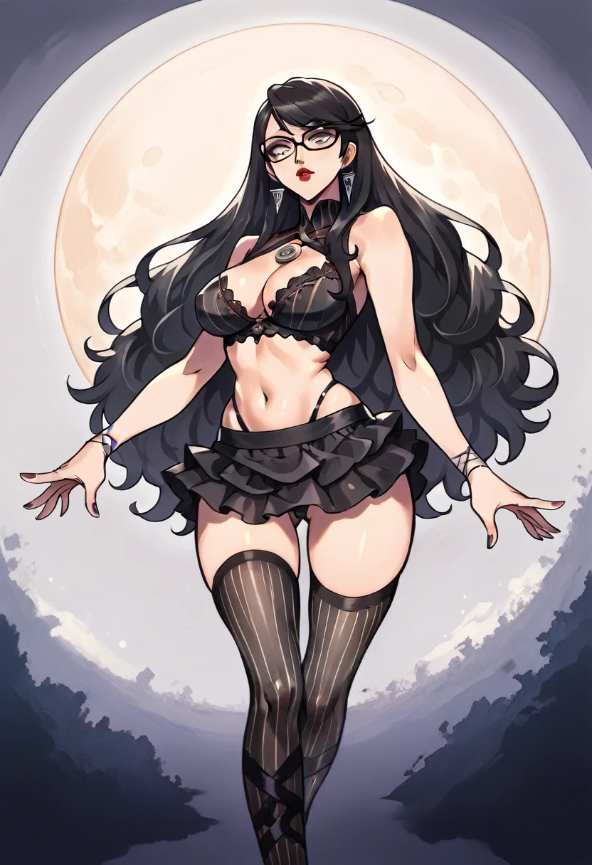Score_9, Score_8_up, Score_7_up, source_anime BREAK 1girl, large , Bayonetta, slender but rather curvy and tall figure (black hair wrapped in a beehive hairstyle, long hair), gray eyes, mole on lower left cheek near lips, skirt, navel, underwear, earrings, glasses, alternative costume, black thigh high, miniskirt, nail polish, bra, lupo, high heels, lips, zettai ryouiki, transparent, covered navel, makeup, lipstick, full moon, huge moon,score_9_up
