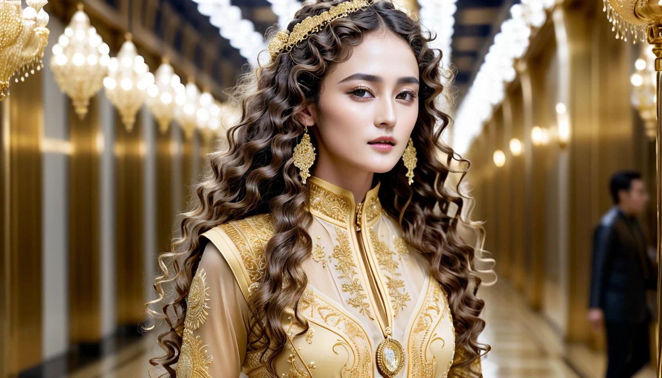 Supermodel with detailed long curly hair, dressed in golden clothes (Translucent and intricately embroidered), wearing strange future fashion,  Luxurious and intricate golden accents, cinematography, intricately detailed, Created, meticulous, magnificent, maximum detail, very hyper aesthetic, bokeh, professional photography