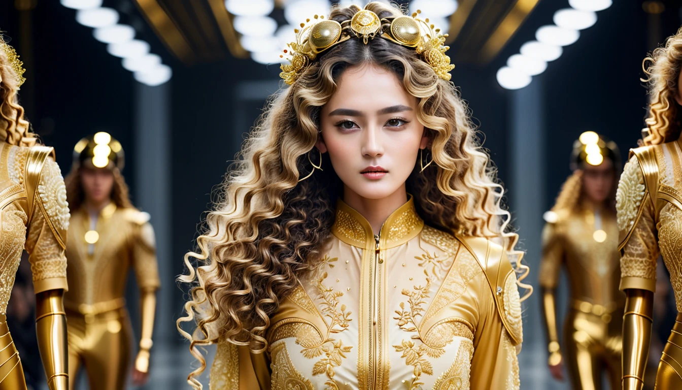 Supermodel with detailed long curly hair, dressed in golden clothes (Translucent and intricately embroidered), wearing strange future fashion, Luxurious and intricate golden accents, cinematography, intricately detailed, Created, meticulous, magnificent, maximum detail, very hyper aesthetic, bokeh, professional photography