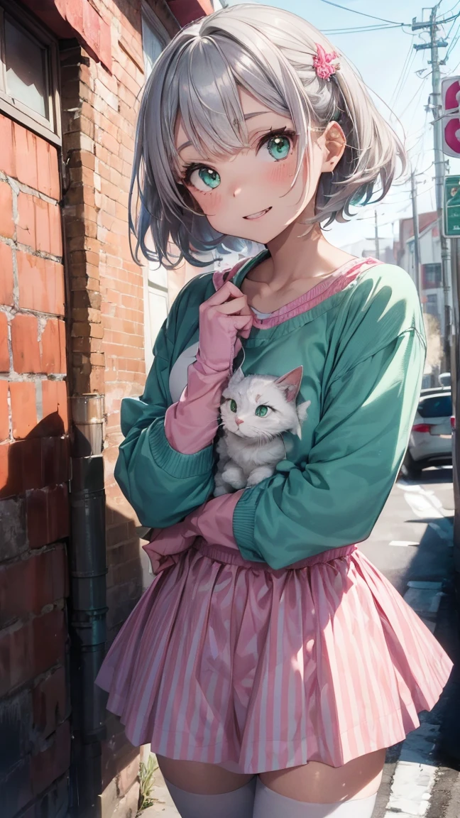 A beautiful woman, (bright green eyes), short hair, (silver hair with light band details) red, she is half a cat on her face, her fangs are shown, very beautiful face, she is wearing a pink sweatshirt with turquoise details, and a white skirt wedding style with light pink details, white shoes, she is standing in the middle of a bright day on a snowy day, she is wearing light pink gloves with red stripes as well as light pink tights with white stripes.