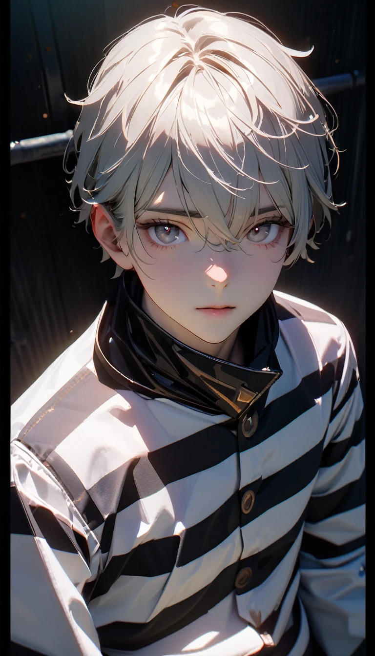(8K, RAW photos, best quality, masterpiece: 1.4), (((The boy breathed a sigh of relief))),Ultra-high resolution, Extremely detailed, Dim Lights, Upper body close-up, handsome boy, black eyes, (delicate eyes, Eyes are bright:1.2), Gray short hair, Fair skin,dark, Black and white striped prison uniform,Black and white striped prison pants,(perfect anatomy:1.2), High-quality shadows, Natural Lighting, (White highlights:1.2), night, cloudy day, (Dimly lit cells:1.2), (Metal walls all around:1.2)