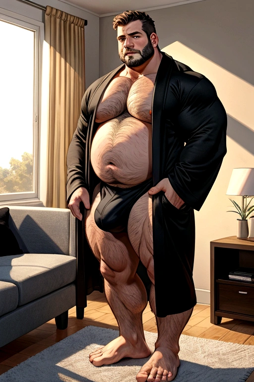 40 years old white Male, tall, giant body, handsome, dad bod, beefy, strong arms and legs, wide shoulders, a bit chubby muscle gut, a bit of fat but still very muscular, extremely hairy, a lot of body hair, short beard, wearing an untie black bathrobe with long sleeves, wearing a black boxer brief, unrealistic oversized big bulge, barefoot, smirking, modern minimalist living room