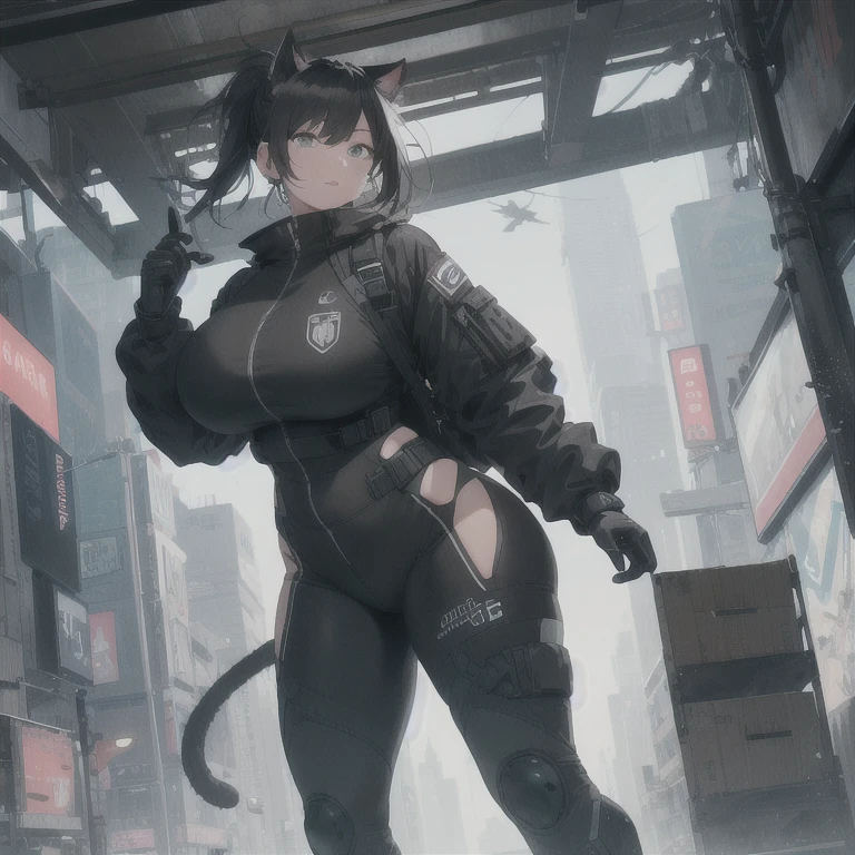 Absurd resolution,high resolution,(masterpiece: 1.4),hyper-detail,fullbody shot,full frontal camera perspective,solo,shorter,standing straight up,1 kemono feline cat woman,no skin other than neck and head shown,full pilot suit,black hair,messy ponytail,cute face,detailed soft grey luminous eyes,huge massive hyper super swollen heavy breasts,breasts so big that cover her whole torso and are bigger than her head while being so big they reach her belly button,extremely super large swollen perky heavy bust,super huge enormously gigantic tits,gigantic breasts stretching/straining out of her outfit looking like they are about to burst out,breasts compressed squishing barely contained in outfit,inflated breasts,breasts_expansion,super gigantic swollen heavy tits,wide full hips,narrower torso and shoulders,smaller torso,narrower waist,full thicc big soft thighs,thicc big full thighs,big rounded full soft butt,thicc butt,ruggedized utility styled outfit,fully insulated suit,full body outfit coverage with no skin showing or revealed,airtight/watertight zippers and seals,scifi monochrome black and grey fullbody covering protective padding rugged loose-fitted pilot utility suit with strategically placed protective padding,white zipped utility cropped top for breasts support with a black strap horizontal across cleavage worn on top of suit,tactical strategic angular-patterned protective padding on hips and thighs and abdomen,practical/functional clothing,weather-proof durable clothing material,nylon clothing material,custom made clothing to fit and support large breasts,scifi padded rugged rigid high collar cropped cutout fitted techwear jacket,armored high collar,white and black triangular decals and techwear iconography on apparel and clothing,techwear gloves,arm mounted strapped display scifi tablet/communication device/computer,ruggedized tech,ruggedized tech aesthetic,fitted utility pants,utility chaps,near future scifi,cyberpunk aesthetic,anime aesthetic,tactical aesthetic