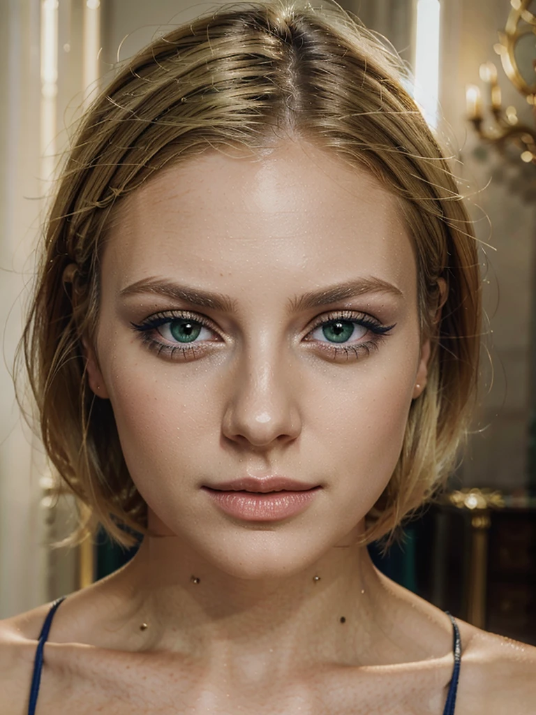 photorealistic face of a european woman, age 30, blond bob hair, green eyes, royal blue eyeshadow, glossy lips