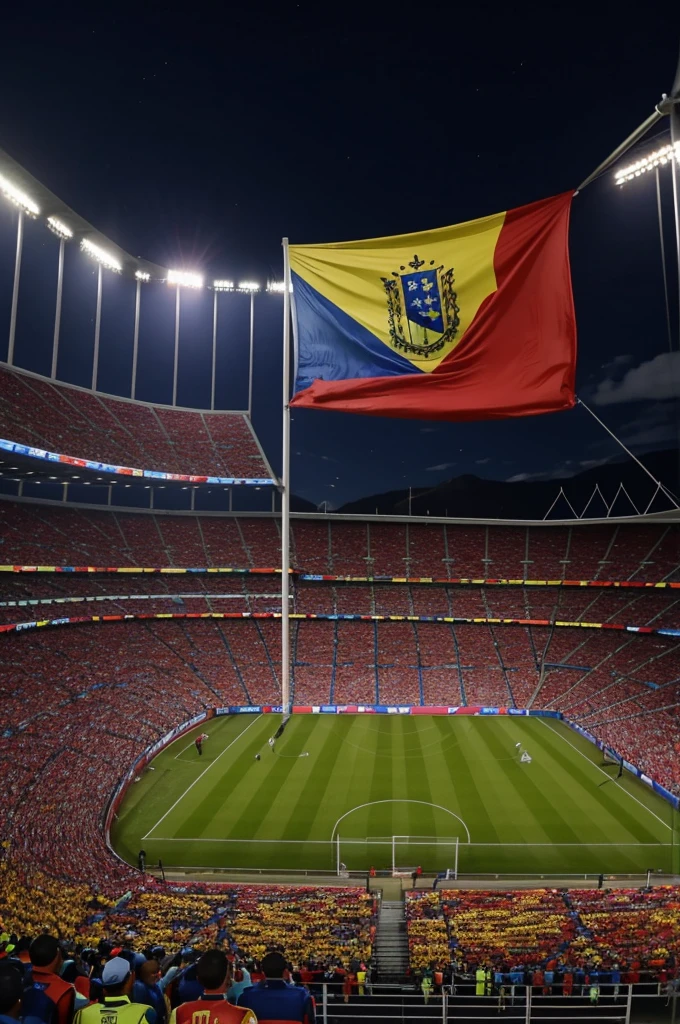 Image of the Copa América soccer match, the flag of Venezuela waving in the stands and a fence that says " CHAMPION 2024" 