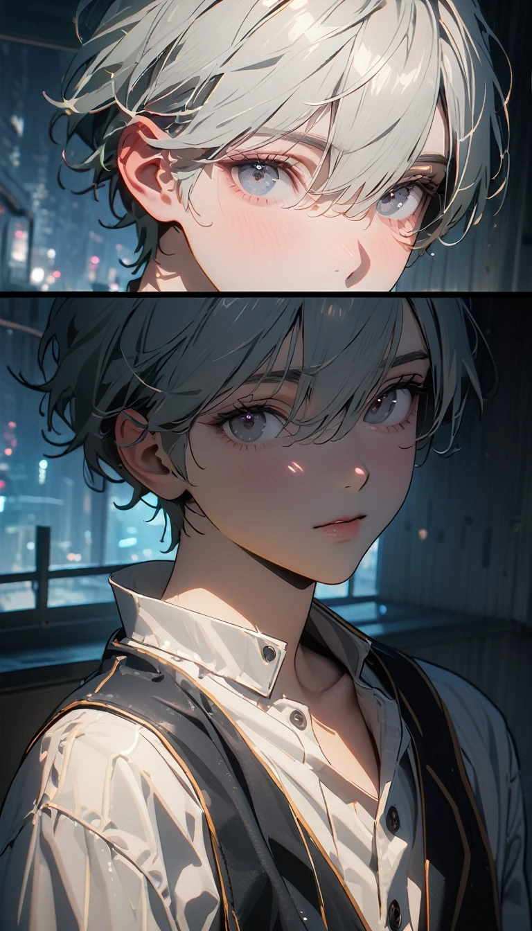 (8K, RAW photos, best quality, masterpiece: 1.4), (((The boy breathed a sigh of relief)))，Ultra-high resolution, Extremely detailed, Dim Lights, Upper body close-up, handsome boy, black eyes, (delicate eyes, Eyes are bright:1.2), Gray short hair, Fair skin,dark, Black and white striped prison uniform,Black and white striped prison pants,(perfect anatomy:1.2), High-quality shadows, Natural Lighting, (White highlights:1.2), night, cloudy day, (Dimly lit cells:1.2), (Metal walls all around:1.2)