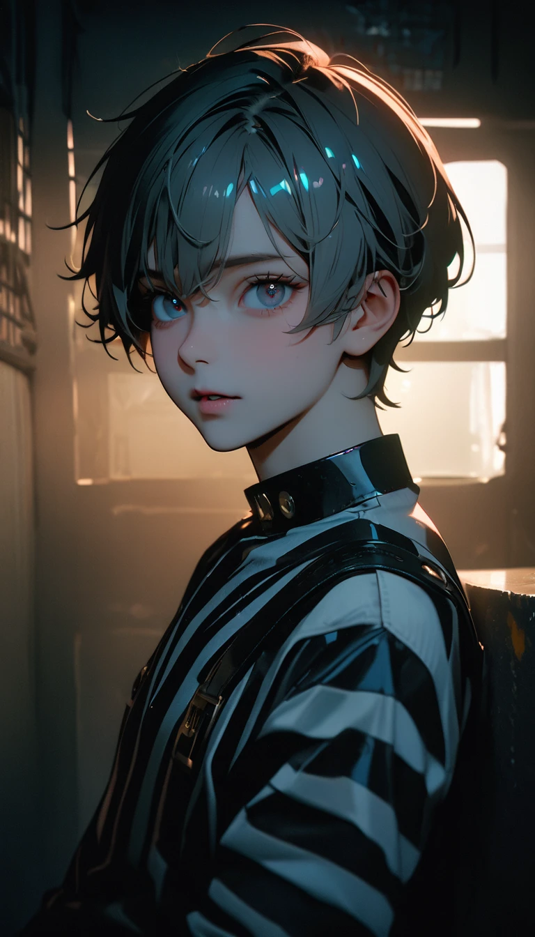 (8K, RAW photos, best quality, masterpiece: 1.4), (((The boy breathed a sigh of relief))),Ultra-high resolution, Extremely detailed, Dim Lights, Upper body close-up, handsome boy, black eyes, (delicate eyes, Eyes are bright:1.2), Gray short hair, Fair skin,dark, Black and white striped prison uniform,Black and white striped prison pants,(perfect anatomy:1.2), High-quality shadows, Natural Lighting, (White highlights:1.2), night, cloudy day, (Dimly lit cells:1.2), (Metal walls all around:1.2)