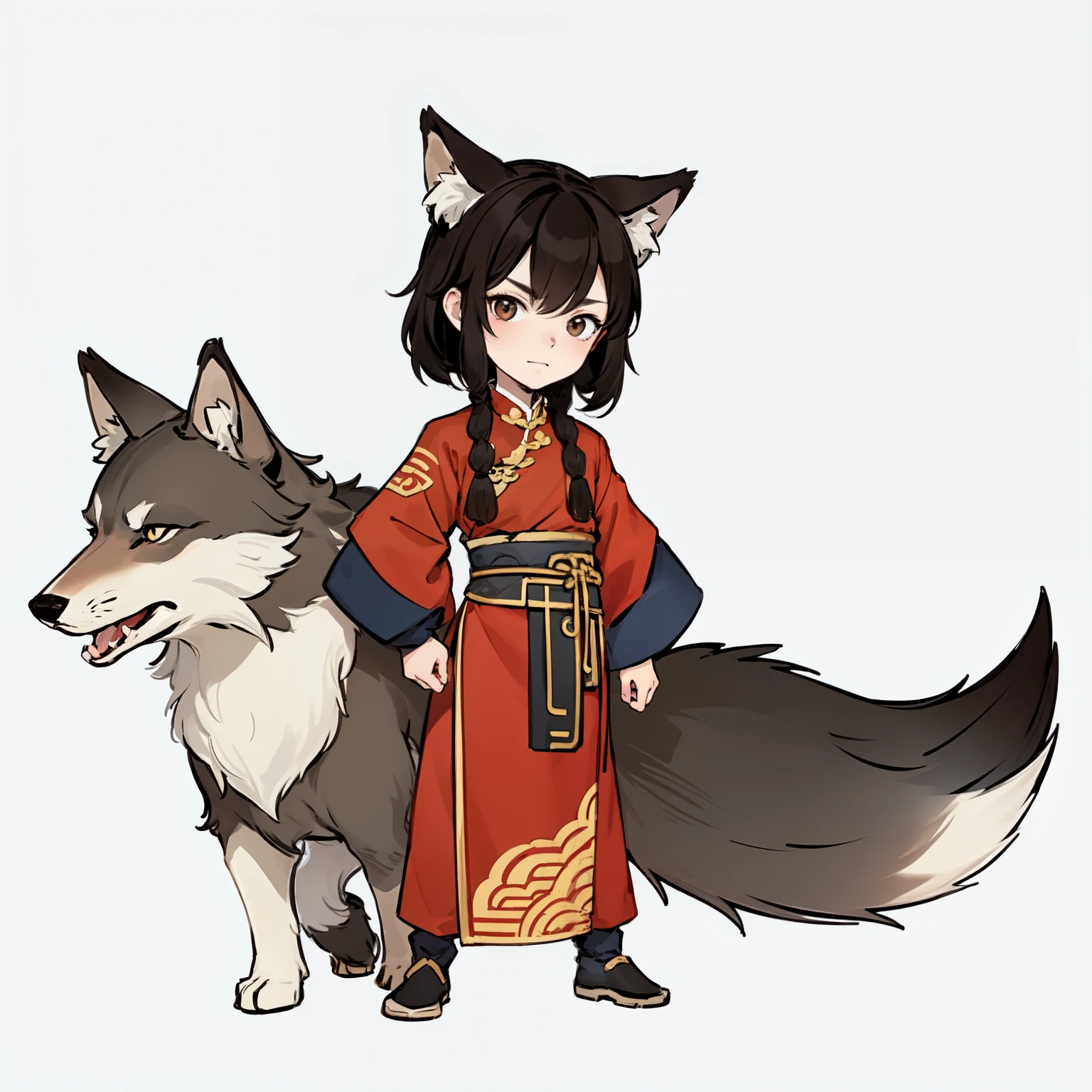 qgufeng，Wolf，Chinese style，white background,full body, chibi