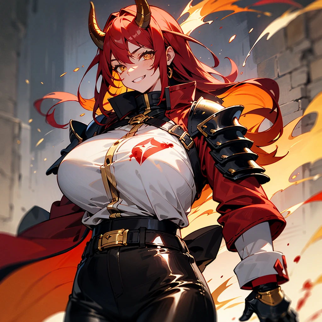 young Korean woman, golden eyes, red hair, black horns, tanned bronze skin, huge chest, predatory grin, smile, stained with blood, dressed in a red coat with rolled up sleeves, heavy steel gold armor, wide leather belt, black leather pants with steel hips shields, steel plate gloves, stands at dusk against the backdrop of a burning kingdom,