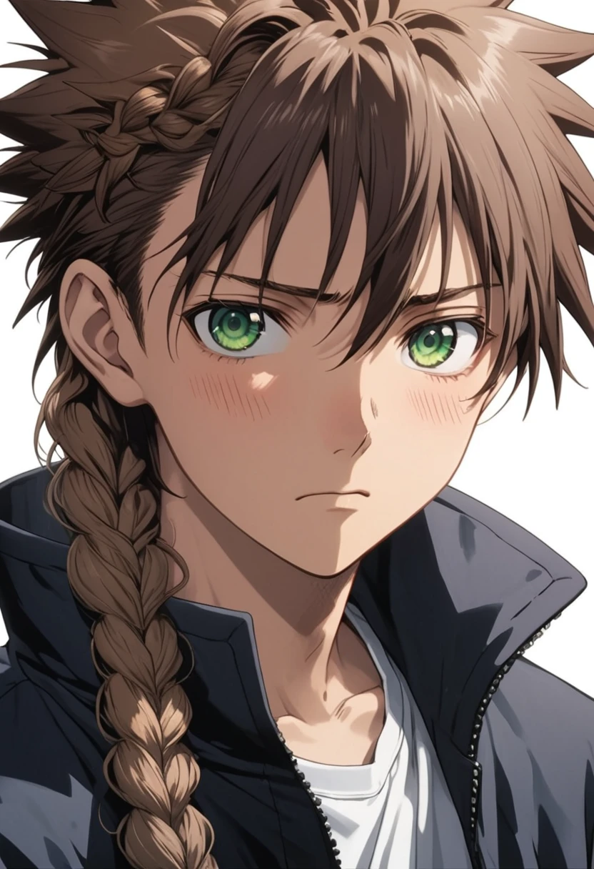 Masterpiece, Best quality, high resolution, high quality, 1 boy, Alone, looking at viewer, Upper body, anime, 15 years old, very handsome, very feminine appearance, tanned skin, slanted green eyes, long hair, brown hair up in a braid, sad expression, white V-shirt and open black jacket (similar to jujutsu kaisen clothing)