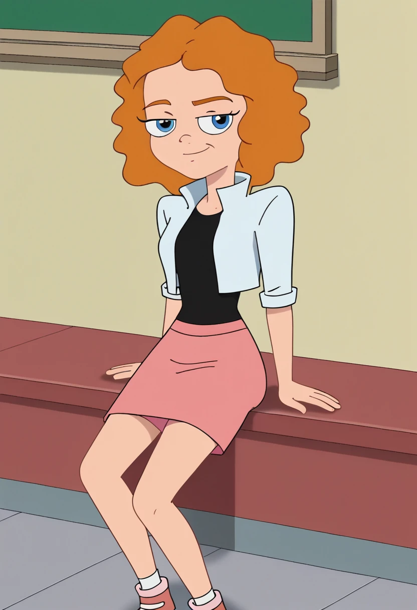 score_9, solo, melissa, brown hair, blue eyes, black shirt, pink skirt, jacket, sitting