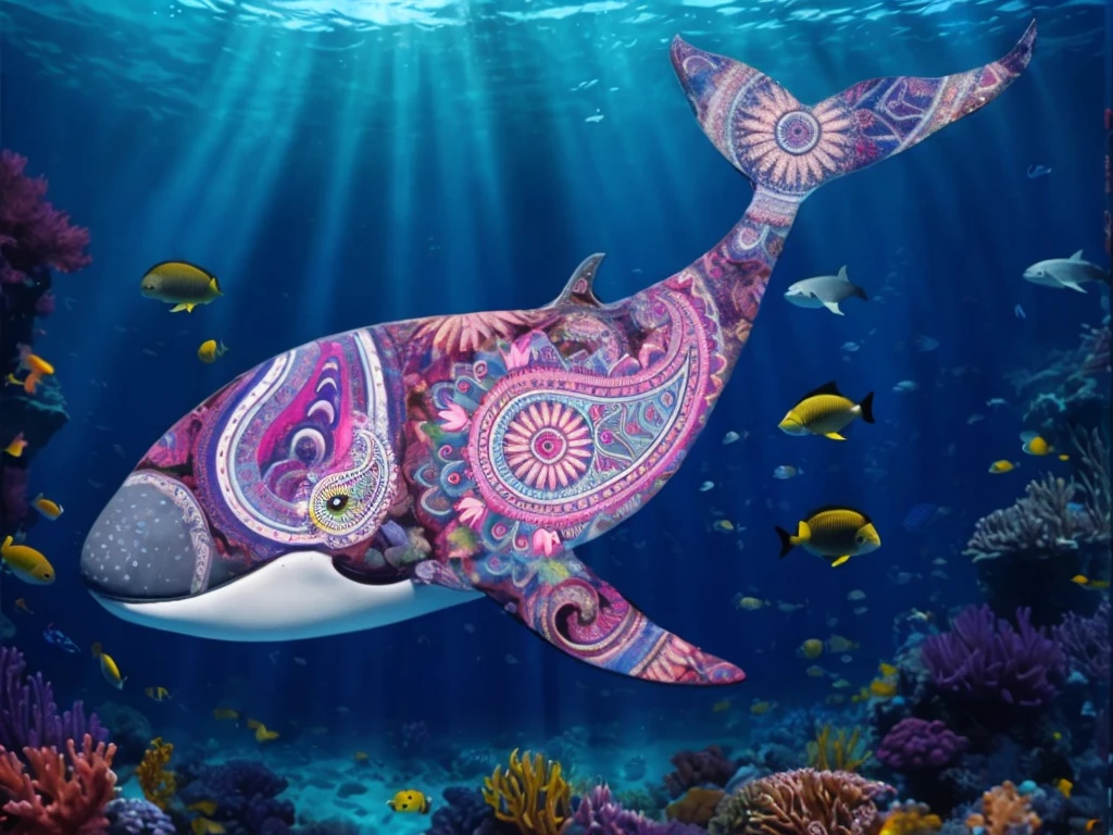 The image depicts a vivid underwater scene featuring a whale with a colorful, intricate pattern painted on its side, surrounded by various fish species.