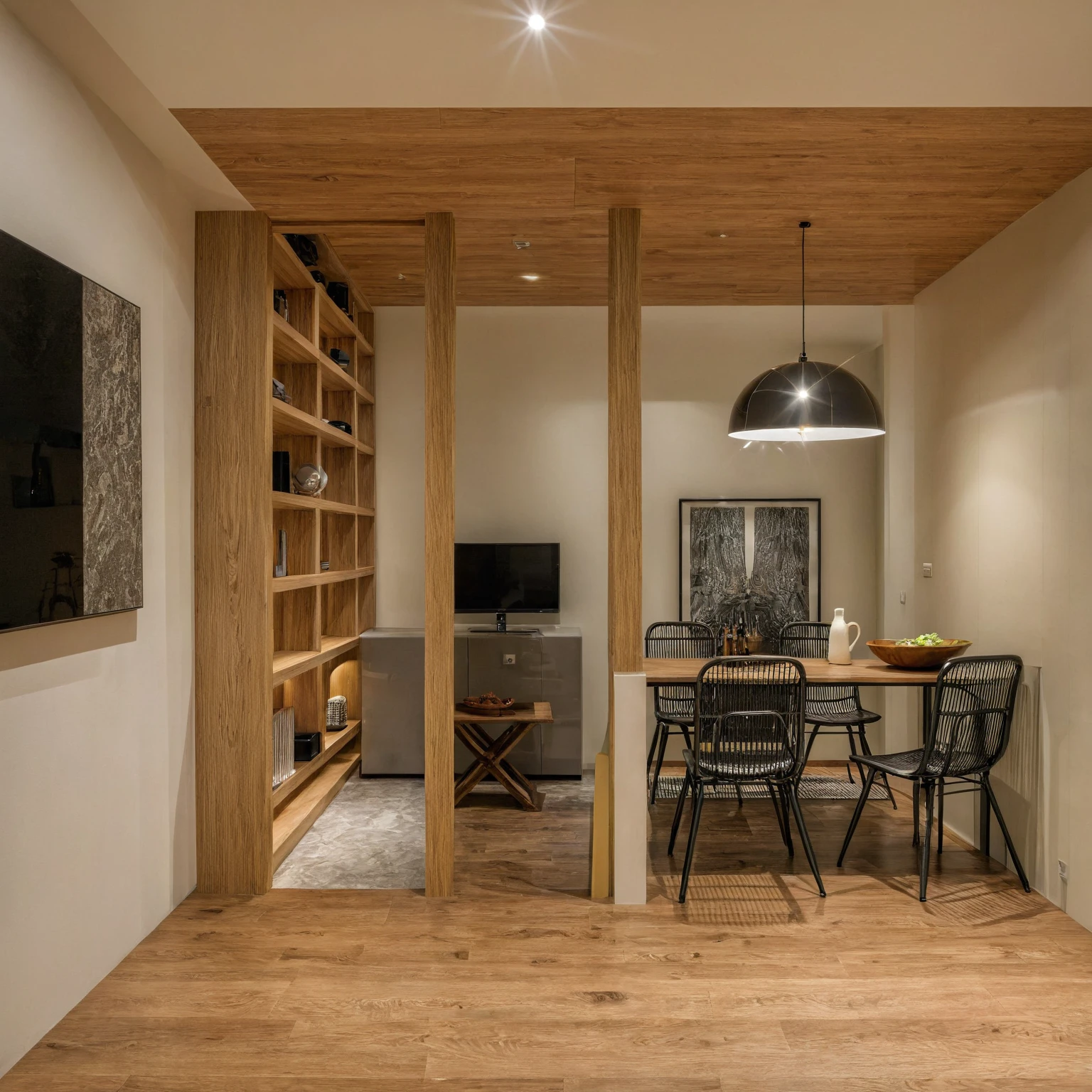 Raw photo, Masterpiece, high quality, best quality, authentic, super detail, interior, indoors, style modern, minimalist line, wooden, oak wood, led light, beige paint wall, sofa, atrium, LIVING ROOM, PEN HOUSE, kitchen, island kitchen, alu window, japan style, wasabi style, Jen style, steel stair, glass railing, penhouse
