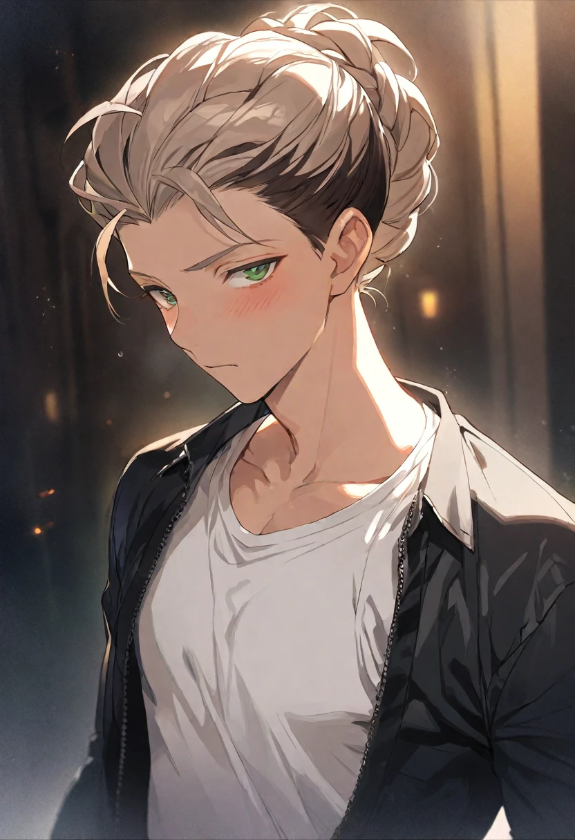 Masterpiece, Best quality, high resolution, high quality, 1 boy, Alone, looking at viewer, Upper body, anime, 15 years old, very handsome, very feminine appearance, tanned skin, slanted green eyes, long hair, brown hair up in a braid, sad expression, white V-shirt and open black jacket (similar to jujutsu kaisen clothing)