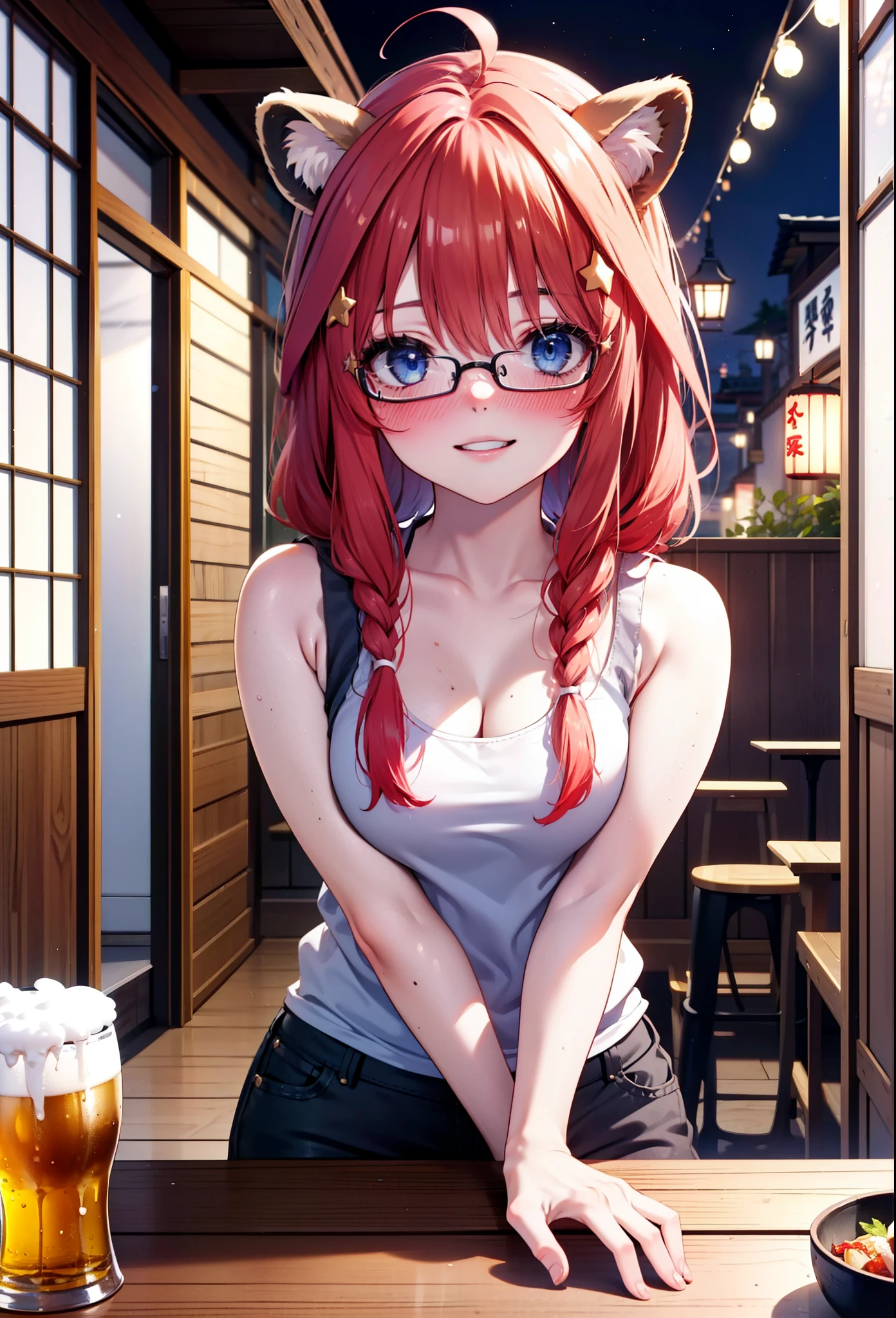 Satsuki Nakano, itsuki nakano, bangs, blue eyes, Hair between the eyes, Ahoge, Redhead, Long braids,Red-rimmed glasses,star \(symbol\), hair ornaments, smile,blush,star hair ornaments,Animal ears　 Raccoon Ears,raccoon tail,happy smile, smile, Open your mouth,blush,Drunk,White Hat,Red Tank Top,Shorts,Sandals,Beer and food on the table,Sitting in a chair,whole bodyがイラストに入るように,night,
break indoors, Izakaya,
break looking at viewer, whole body,
break (masterpiece:1.2), Highest quality, High resolution, unity 8k wallpaper, (figure:0.8), (Beautiful attention to detail:1.6), Highly detailed face, Perfect lighting, Highly detailed CG, (Perfect hands, Perfect Anatomy),