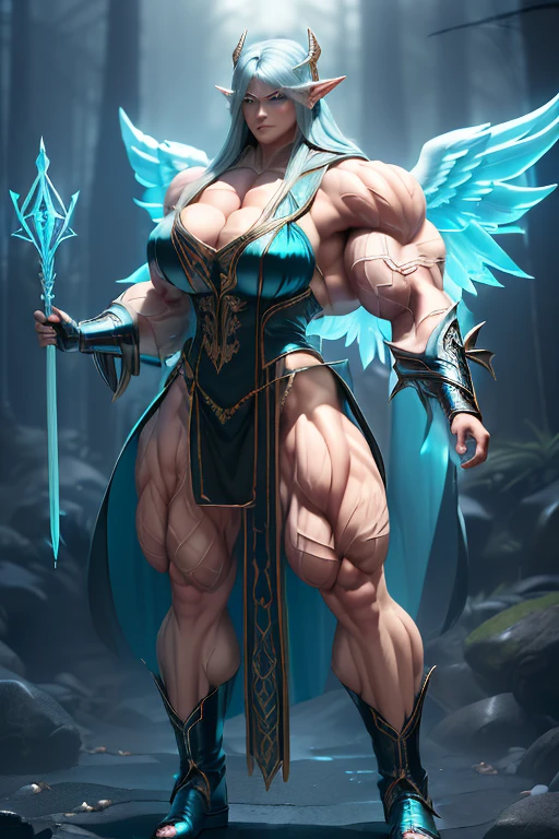 ((((Massive, tall, beautiful, buff, muscular pale white skinned woman mage with cyan hair, huge angel wings, ginormous bulky muscles, holding a cyan mage staff and wearing a beautiful hooded black enchanted robe with long long skirt)))), (close-up view), vascular, massive muscles, massive biceps, hyper muscle shoulders, hyper muscle triceps, (long beachy hair), purple eyes, (wearing a long extremely intricate robes, long magical robes), (black mage boots), smirk, black gauntlets, (in a misty foggy forest), evening, Vascular arms, hyper vascular arm, hyper muscles arms, hyper muscle legs, massive arms.