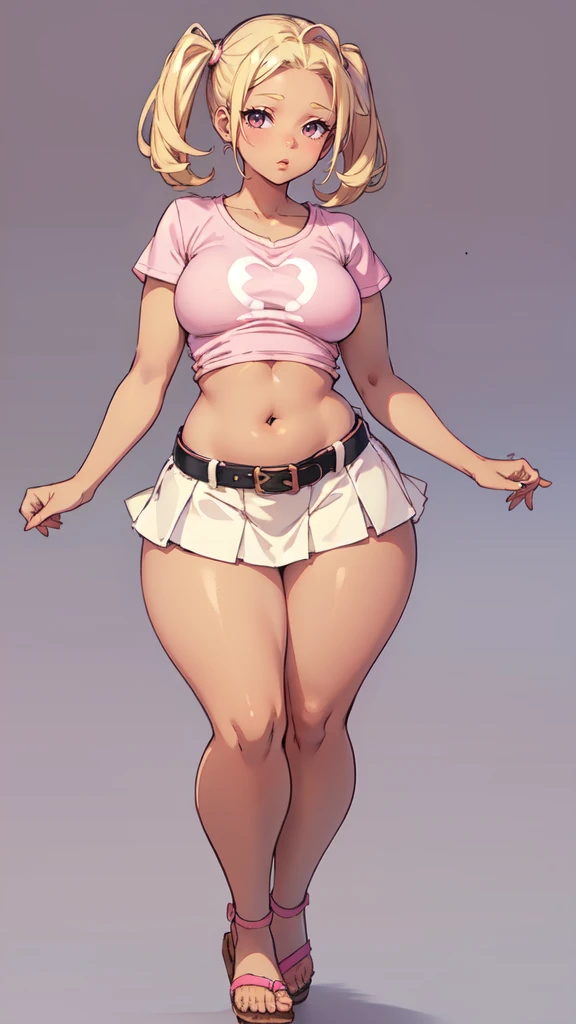 blank background, (((full body))), (masterpiece), ((best quality)), (flat chest), tiny breast, short twintail, (curvy:1.7), (very short skirt), sandals, belt below navel, blonde, (pink tshirt), (dark skin)