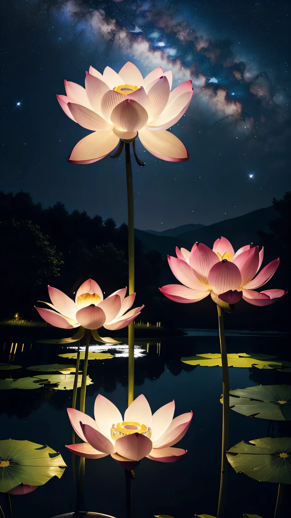 best quality, masterpiece, (Practical:1.2), lotus, Luminescence, In the night sky, Full of stars, Very detailed, Ultra-high resolution, Ultra-high quality,No humans